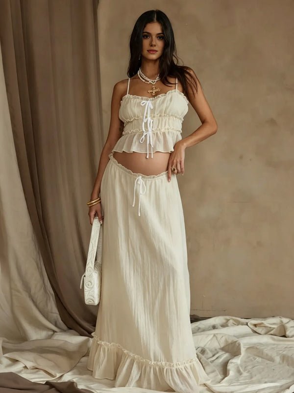 Momyknows Ivory-White Falbala Spaghetti Stra Drawstring 2-in-1 Fashion Bodycon Vacation Photoshoot Maternity Midi Dress - Ivory-White - 1