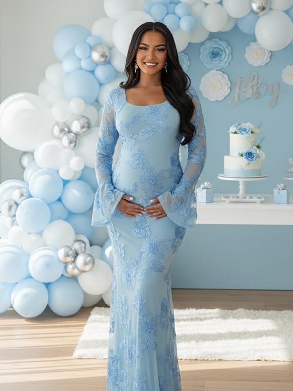 Blue mesh maternity maxi dress with floral embroidery, ruffle details and bodycon silhouette, designed for baby shower.