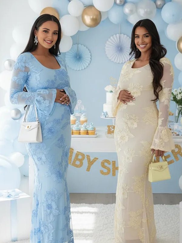 Blue and beige mesh maternity maxi dresses showcased on two models, featuring floral embroidery, ruffle details, and bodycon silhouettes.