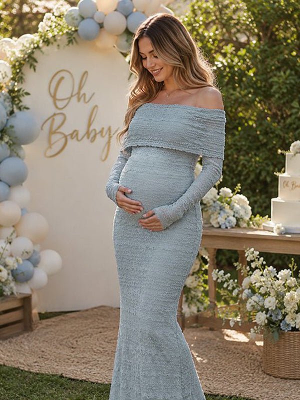 Momyknows Blue Elegant Off Shoulder Lace Baby Shower Maternity Maxi Dress - Blue - 1