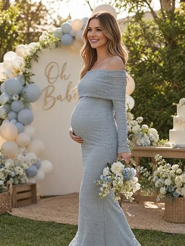 Momyknows Blue Elegant Off Shoulder Lace Baby Shower Maternity Maxi Dress - Blue - 2