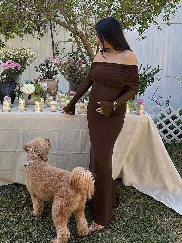 Momyknows Off Shoulder Ruched Sheer Mesh Bodycon Baby Shower Maternity Maxi Dress - Brown - 1