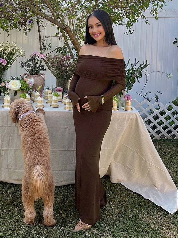 Momyknows Off Shoulder Ruched Sheer Mesh Bodycon Baby Shower Maternity Maxi Dress - Brown - 2