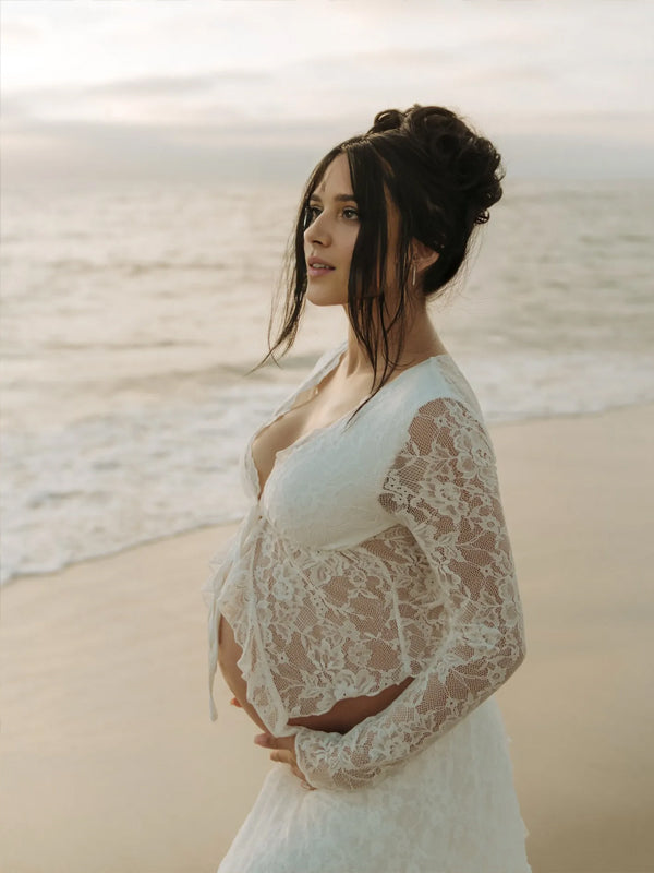 Momyknows White Ruffle Lace Up Top Lace Skirt Maternity Photoshoot Maxi Dress