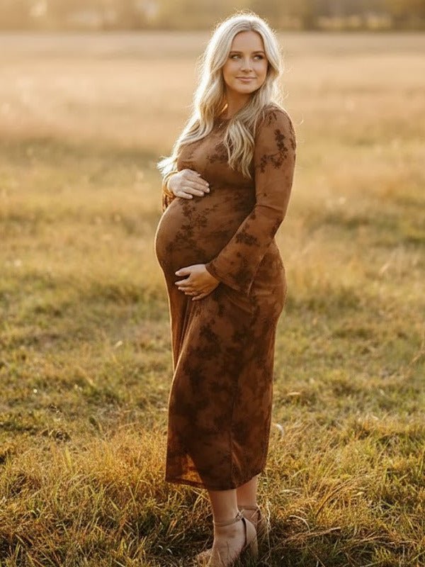 Dark brown printed maternity maxi dress with mesh ruffle design and relaxed fit.