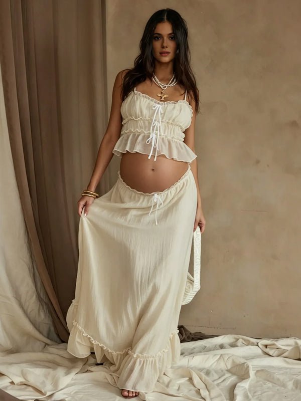 Momyknows Ivory-White Falbala Spaghetti Stra Drawstring 2-in-1 Fashion Bodycon Vacation Photoshoot Maternity Midi Dress - Ivory-White - 3